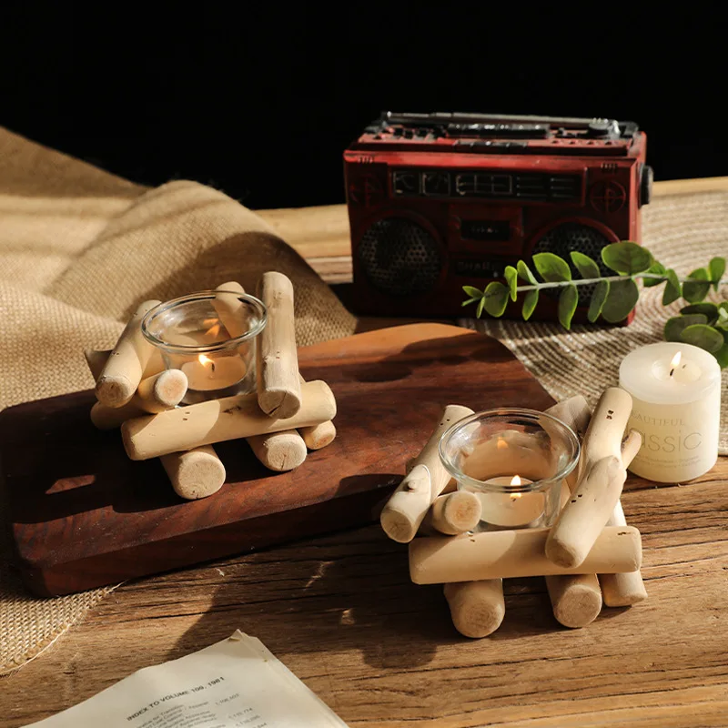 Simple Log Wood Driftwood Candlestick Pastoral Glass Creative Ornament Photo Prop Decoration Wedding Birthday Party Supplies