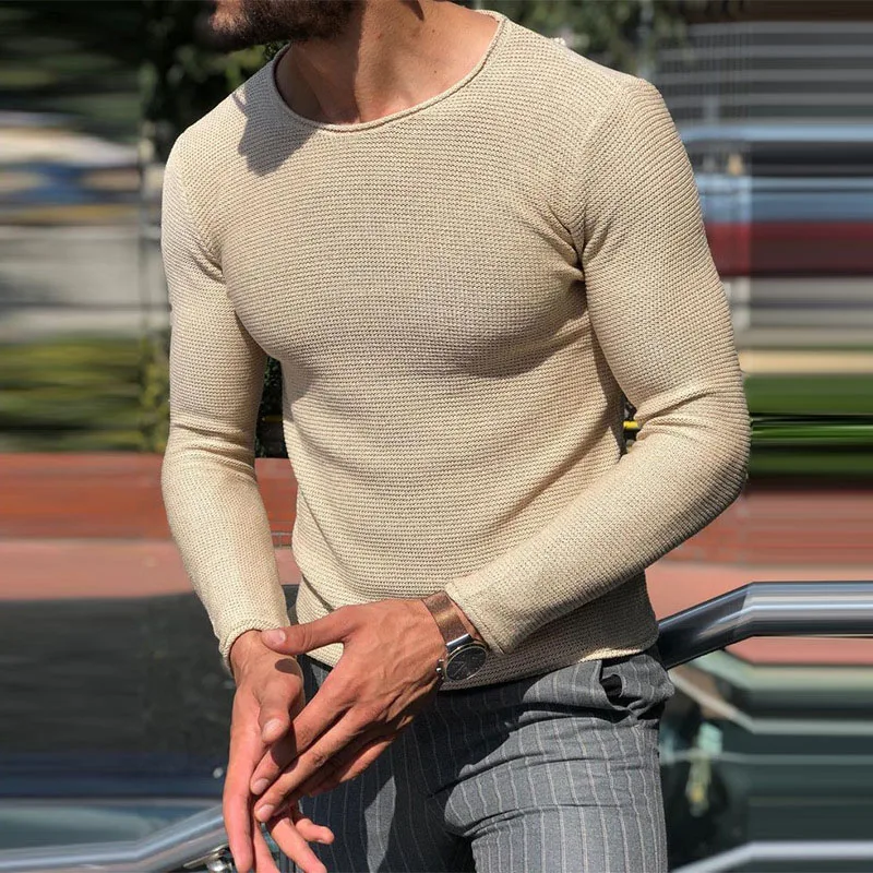 

2023 Fall Casual Solid Color Knitted Basic Tops Men Leisure O Neck Long Sleeve Sweaters Sweater Mens Slim Elastic Knit Pullovers