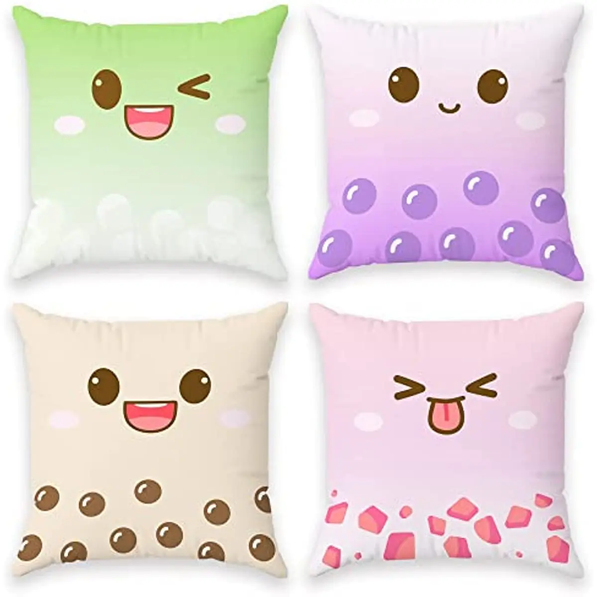 Cute Throw Pillow Cases | 4 Pack Boba Bubble Tea Anime Cartoon Chibi Faces | Kawaii Decorative Living Room Decor Set for Girls