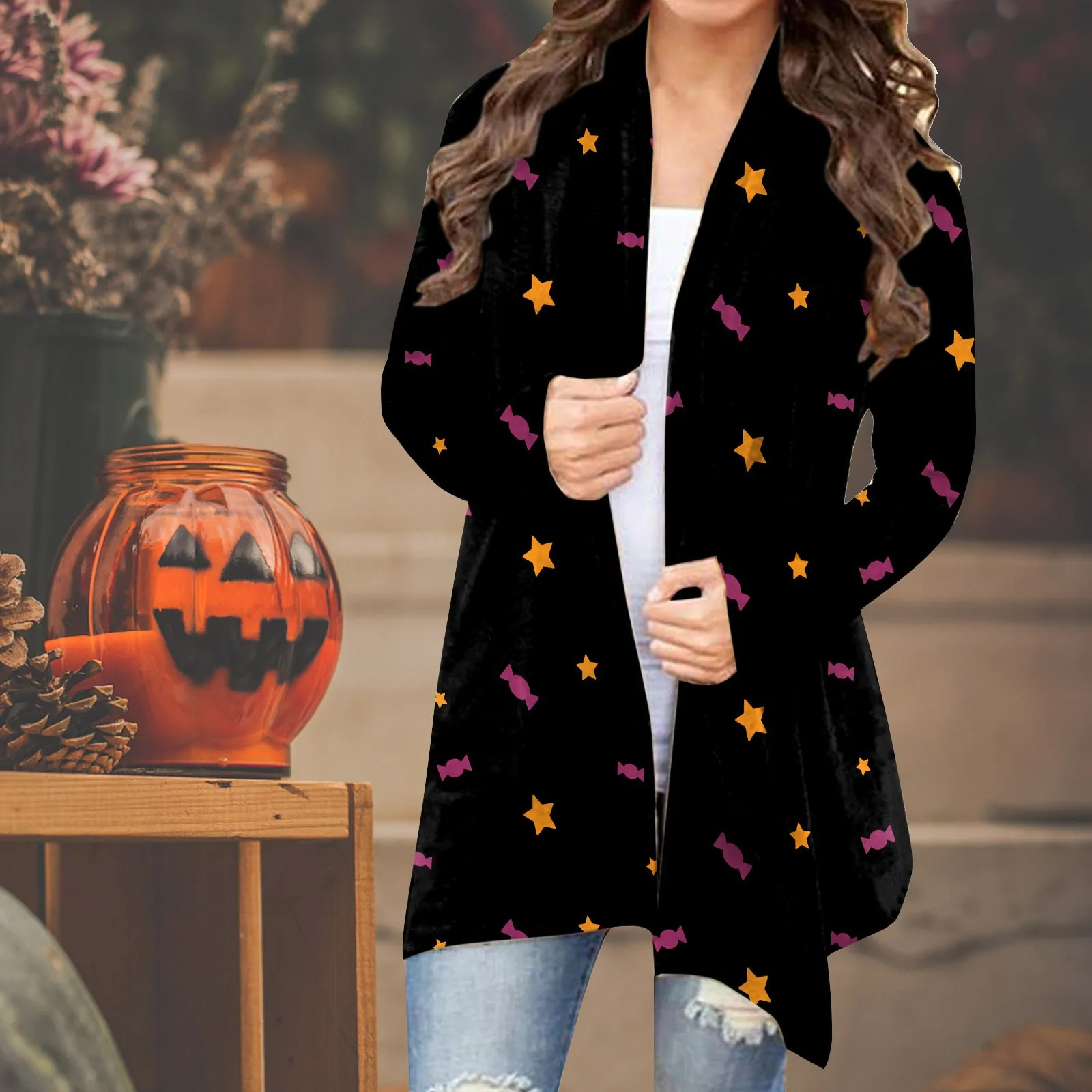 Женский Повседневный Кардиган на Хэллоуин с рисунком тыквы