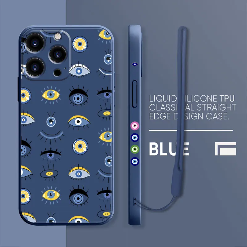 Candy Case For Samsung Galaxy A54 A53 A52 A12 A13 A32 A33 A23 A51 A71 A21 A32 Silicone Square Funda Capa Blue and Gold Evil Eye images - 6