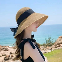 new summer large brim for girls ladies outdoor sun uv protection casual elegant fashion solid color straw weaving bucket hats