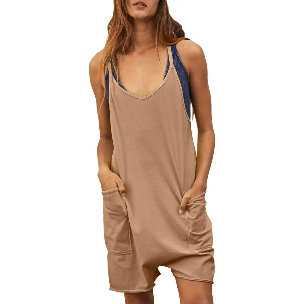 

V-neck Sleeveless Suspender Jumpsuit Women Big Pockets Backless Thin Casual Solid Color Wide Leg Short Playsuit Streetwear