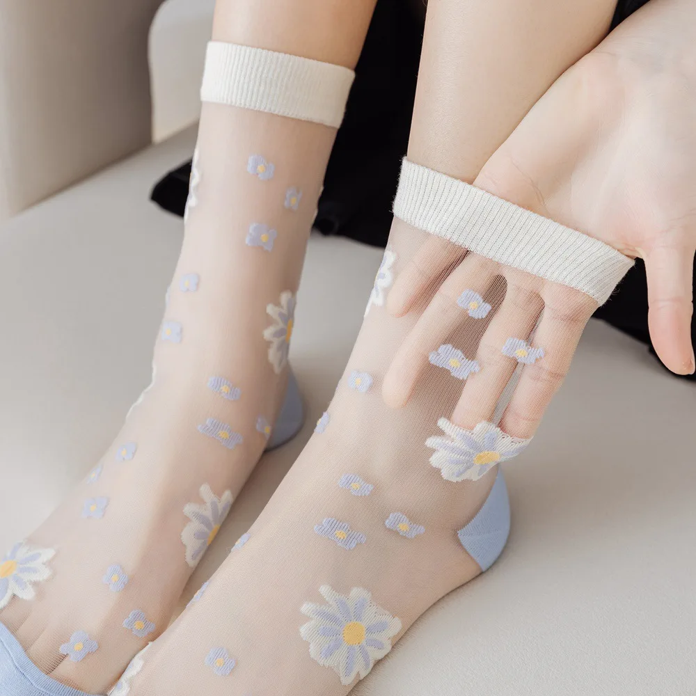

Japanese Style Floral Crystal Silk Socks Women Summer Retro Harajuku Crew Socks Ultra-thin Transparent Glass Silk Woman Socks