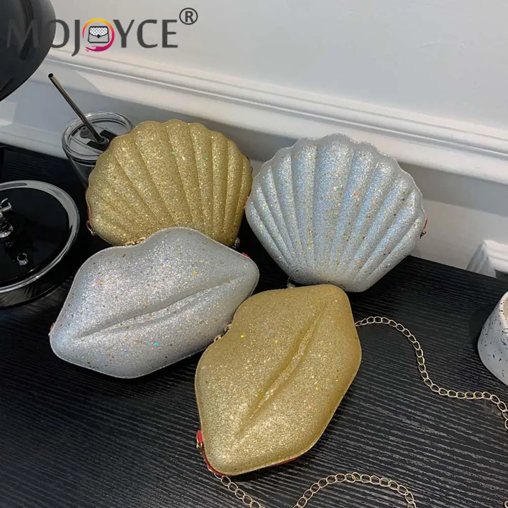 

Модная сумка через плечо в форме ракушки и губ, кожаный маленький кошелек на цепочке с блестками для женщин, модное украшение