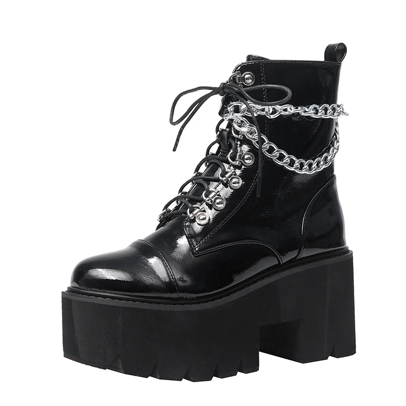 

2021New Patent Leather Gothic Black Boots Women Heel Sexy Chain Chunky Heel Platform Boots Female Punk Style Ankle Boots Zipper