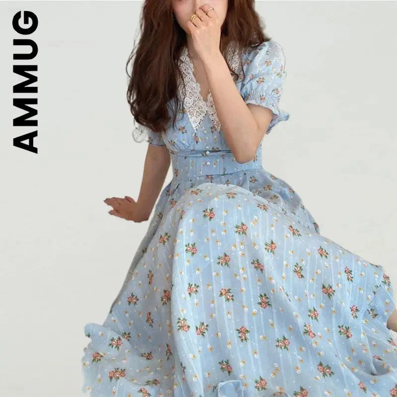 

Ammug Puff Sleeve V Neck Floral Dress Stylish Party Dresses Popular Elastic Robe Soft Elegant Female Vestidos Woman Clothes