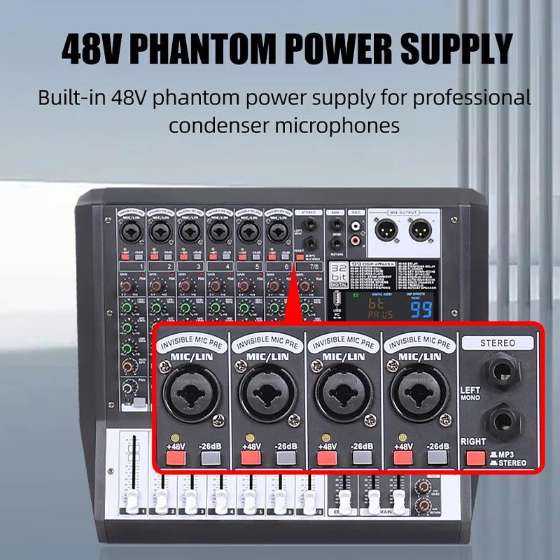 Фото Betagear DSP600/DSP800 32 бит 300 Вт X2 профессиональный аудиомикшер 48 В Phantom 4/6 канал 99 DSP эффектов Bluetooth USB MP3 для №3