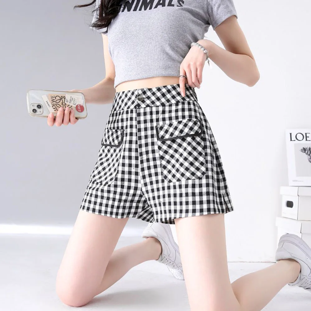 

Black White Plaid Shorts For Women's 2023 New Summer Thin British Style Wide Leg A-line High Waiste Fashiona Short Pants S-3XL