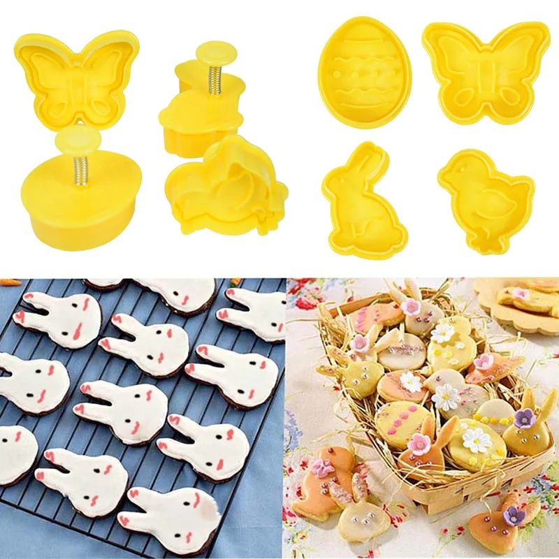 

4Pcs Easter Rabbit Egg Biscuit Cutters Plastic Cookie Stamps Party Cupcake DIY Kitchen Chocolates 3D Cartoon Bunny Baking Tools