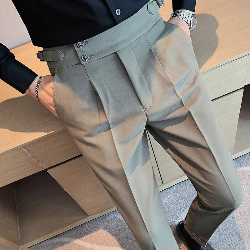 

Men Suit Pants High Waist Cotton Straight Solid Color Pants Men Casual Long Business Comfortable Trousers Street Wear D189