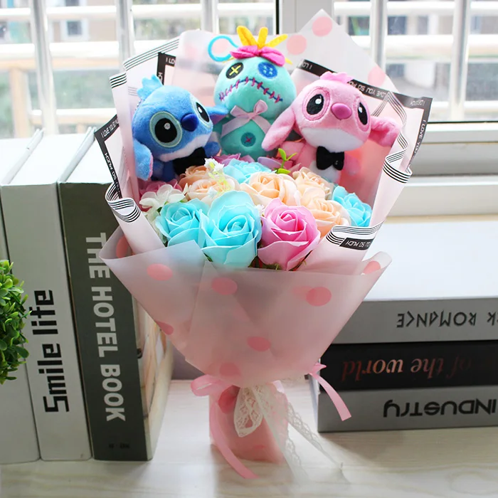 Regalo di natale stitch peluche giocattoli con sapone del fiore del fumetto bouquet stitch farcito animale creativo regali di compleanno