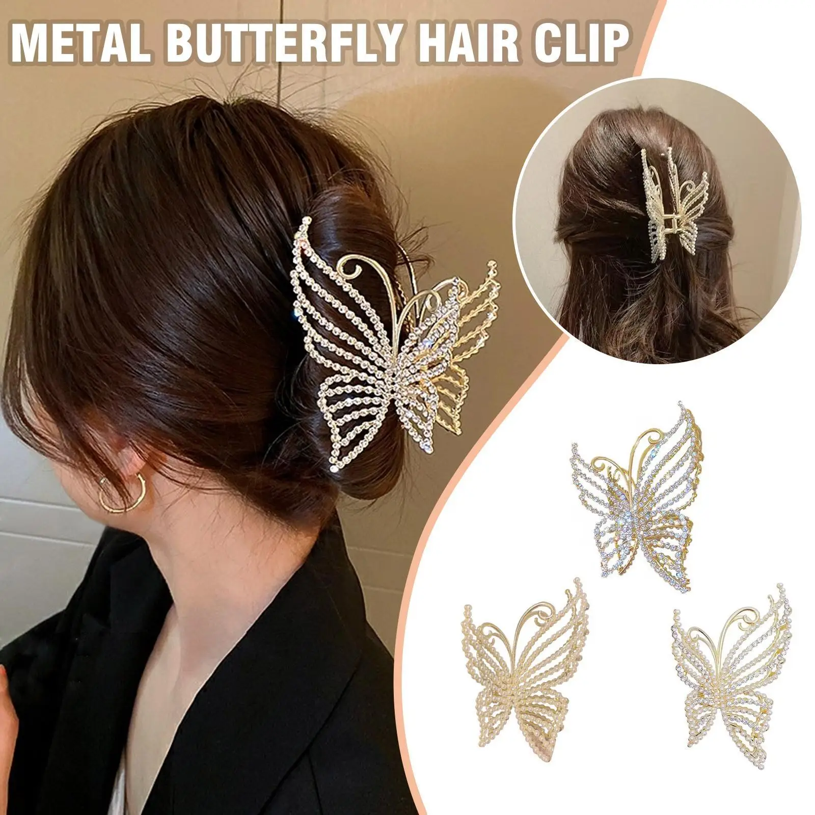 

Exquisite Rhinestone Butterfly Hair Claw Clips For Women Elegant Pearl Hair Crab Barrette Headwear WOMAN HAIR CLIP Ponytail Clip