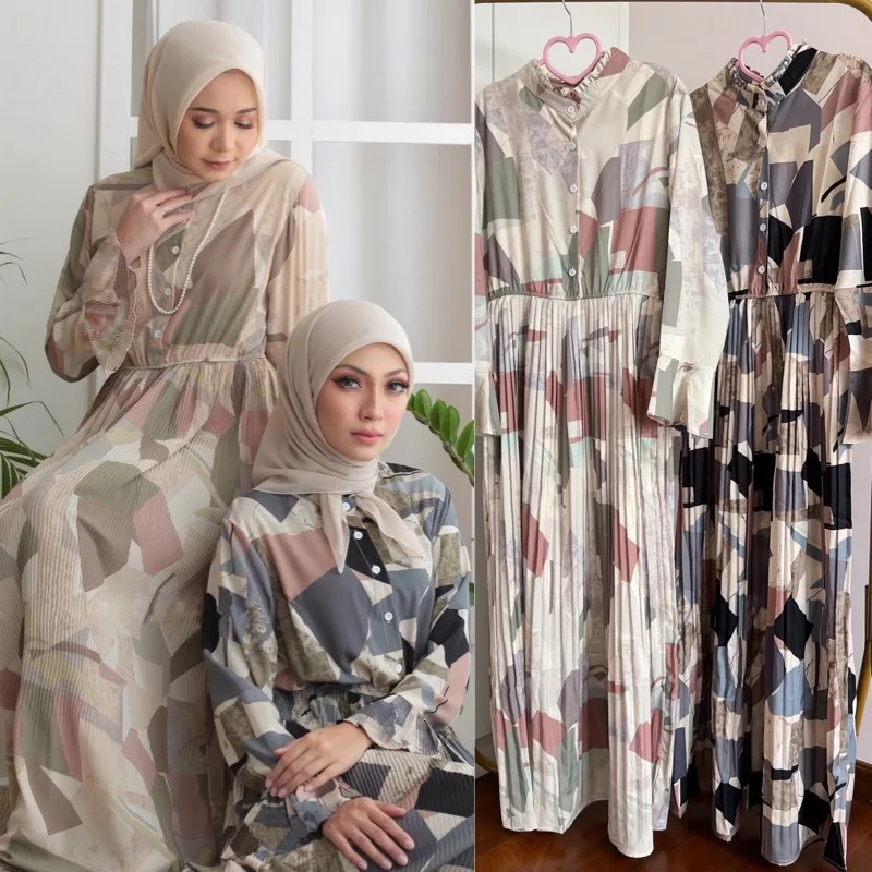 Hijab Abaya 2022 Muslim Fashion Dress Women Arabic Print Turkish Dresses Pleated Abayas Turban Islamic Clothes 2XL