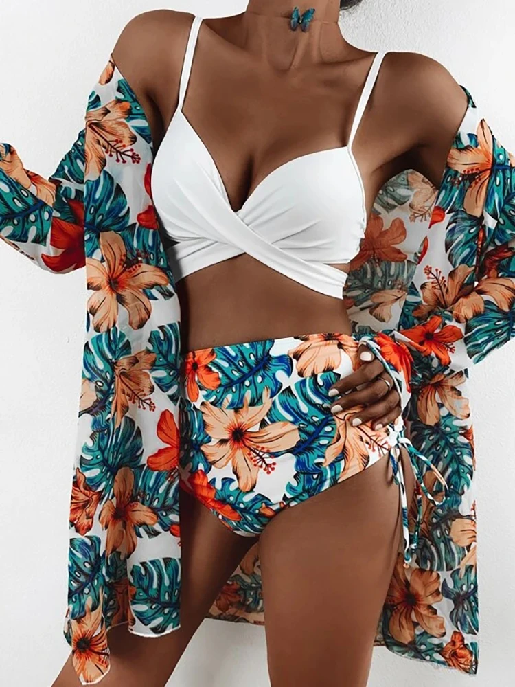 Faskob Mesh Three Piece Bikini Sets Cover Up 2022 Multi Color Women's Swimsuit Summer Sexy Swimwear Beach Vintage Bathing Suit