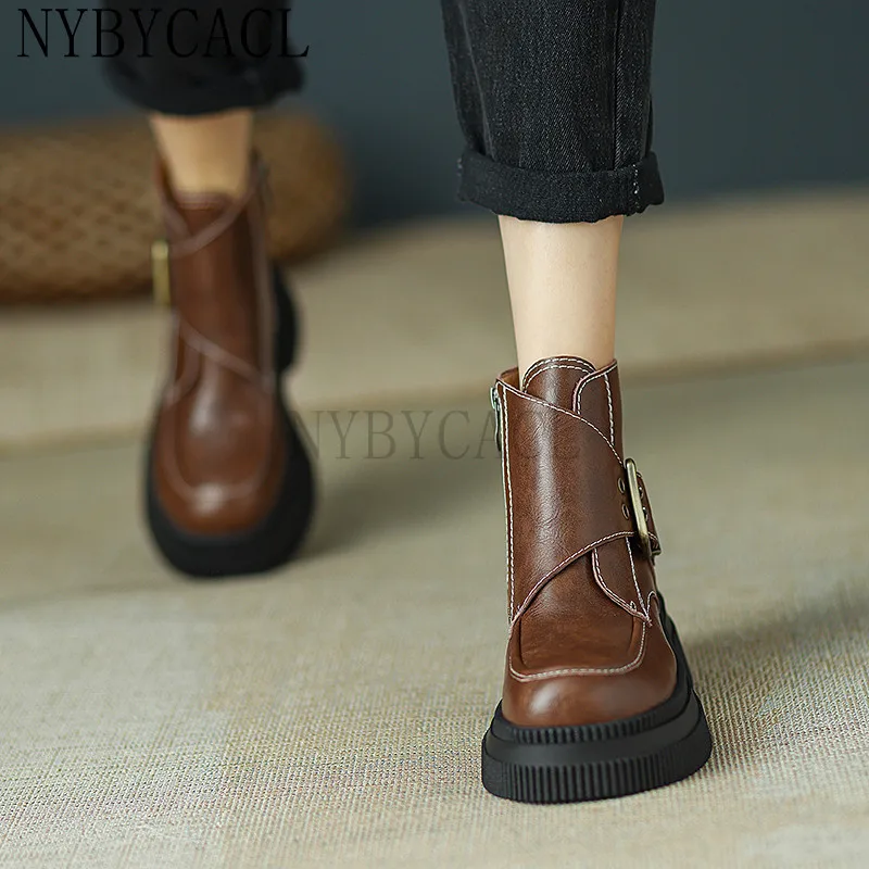 New Women Ankle Boots Fashion Design Metal Buckle Sewing Genuine Leather Thick Heels Autumn Winter Working Shoes Woman Fashion