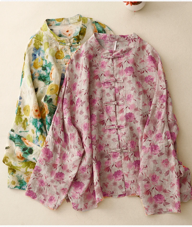 Винтажная женская рубашка из хлопка и льна летняя одежда с принтом распродажа