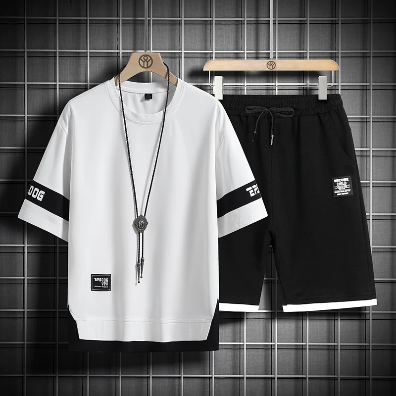 Summer New Mens Set Hip Hop Fashion Tracksuit T-shirt and Shorts Two Piece Set Men Patchwork Color Streetwear Outfit Set 2 Summer New Mens Set Hip Hop Fashion Tracksuit T-shirt and Shorts Two Piece Set Men Patchwork Color Streetwear Outfit Set 2