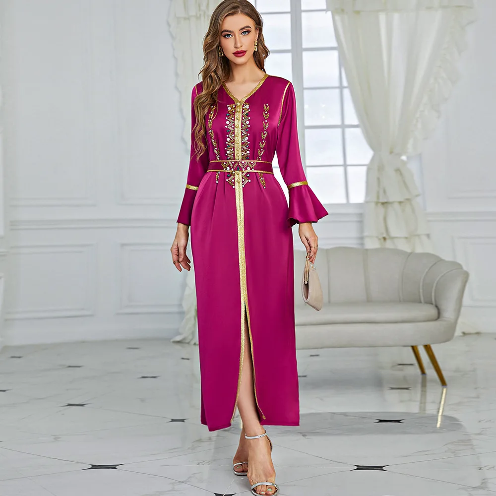 

Dress Eid Moroccan Embroidered Kaftan Women Handsewn Rhinestone Satin Evening Party Long Dress Muslim Dubai Gulf Jalabiya Abaya