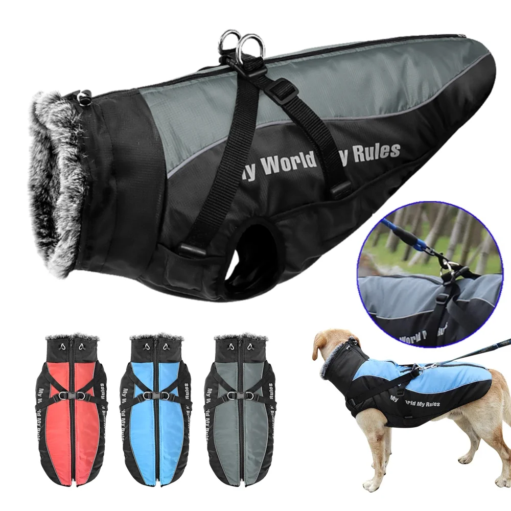 

Winter Large Dog Jacket Fur Collar Zipper Dogs Clothes For Pet Waterproof Big Dog Coat With Removable Buckle Bulldog Outfit