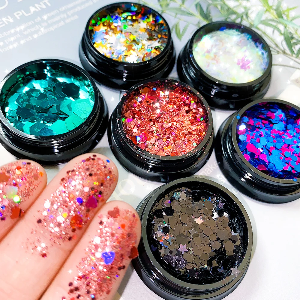 

1 Jar Holographic Nail Art Glitter Shiny Love Heart Pentagram Hexagon Flakes Sequins 3D Nails Paillette Manicure Accessories *PT