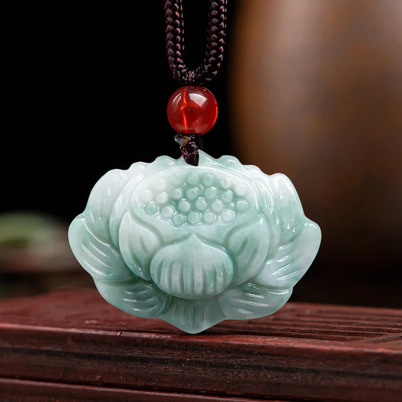 

Burmese Jade Lotus Pendant Natural Stone Green Amulets Jadeite Gemstone Vintage Jewelry Necklace Emerald Accessories Men