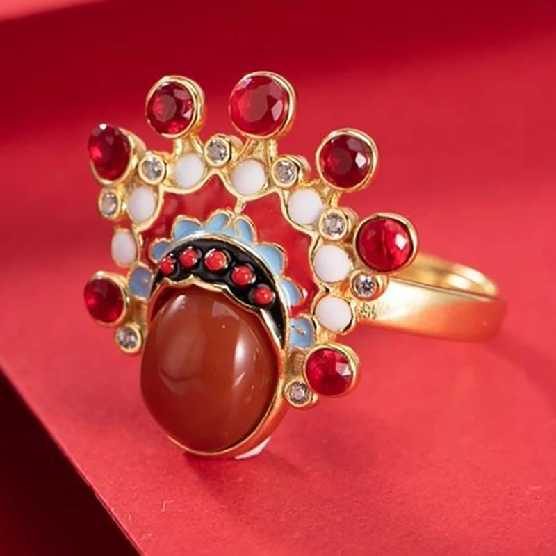 

Original Design Chinese Traditional Culture Peking Opera South Red Tourmaline Open Ring Charm Charming Women's Brand Jewelry