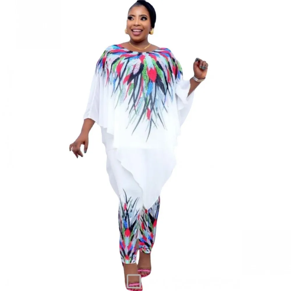 

Dashiki Two Piece Pant Matching Set 2021 Traditional African Clothing Women Africaine Bodycon Tops And Pants African Clothes