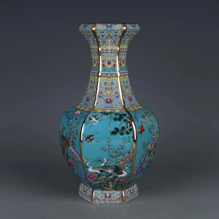 

Qianlong, эмалированные шестигранные вазы с цветочным и птичьим узором, Цзиндэчжэнь, антикварная керамическая синяя ваза