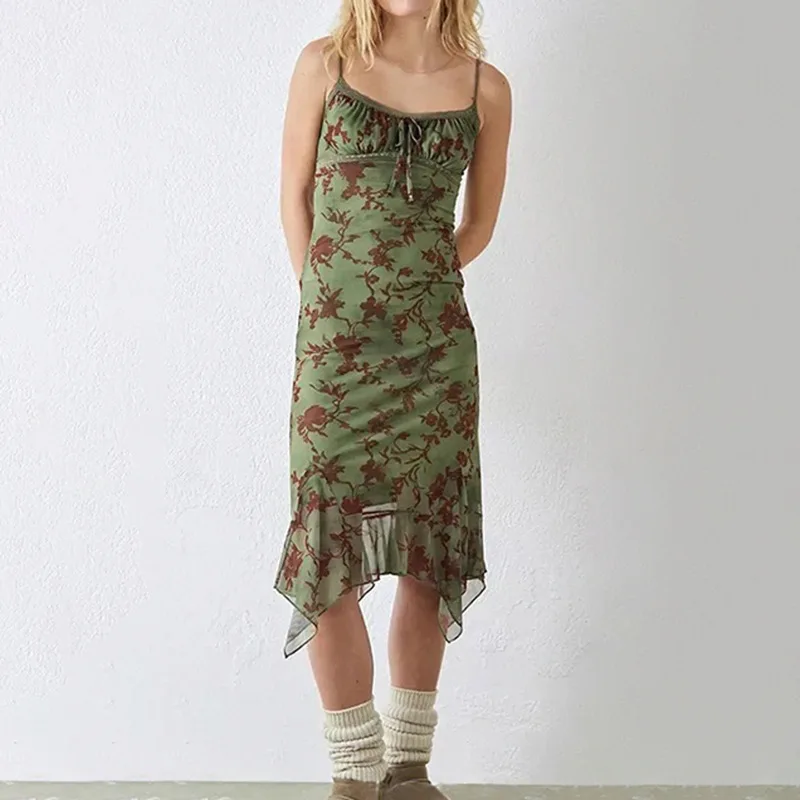 

Spaghetti Strap Tie-Front Floral Print Mesh Asymmetric-Hem Midi Dress Vestido Feminino Sexy Backless זארה 2023 בגדי נשים
