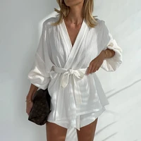 casual white womens summer suit fashion high waist shorts set female elegant loose long sleeve robes two piece set