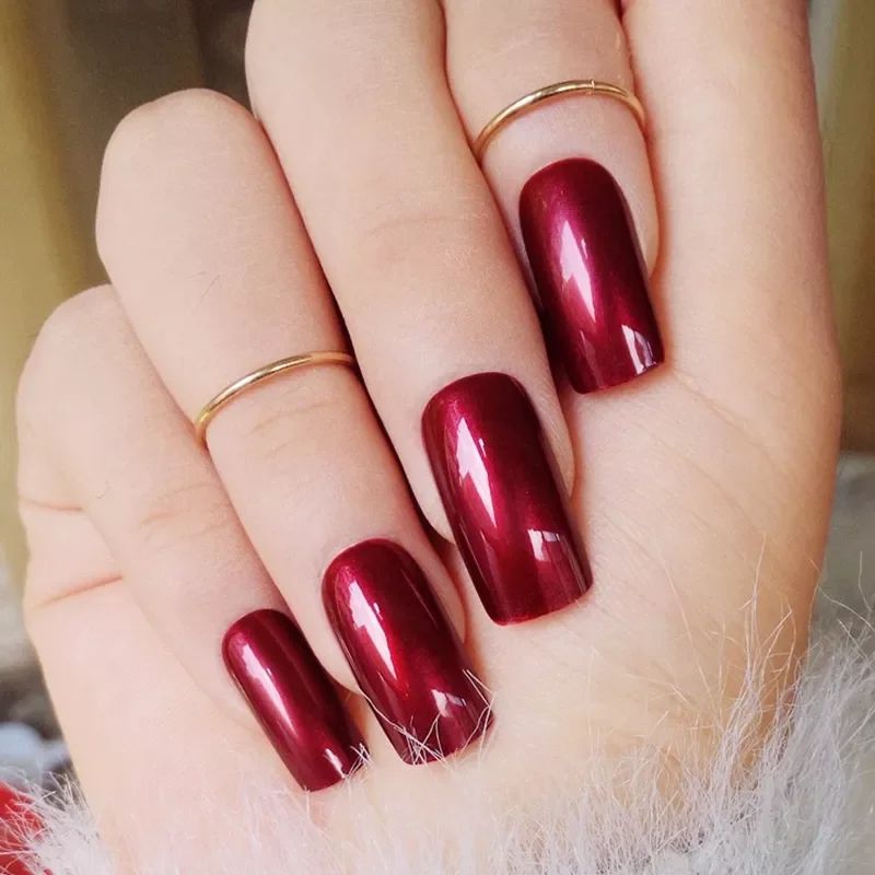 

Reflection Vampire Wine Red False Nails Shiny Square Long Solid Nail Tips with Glue Sticker Z431