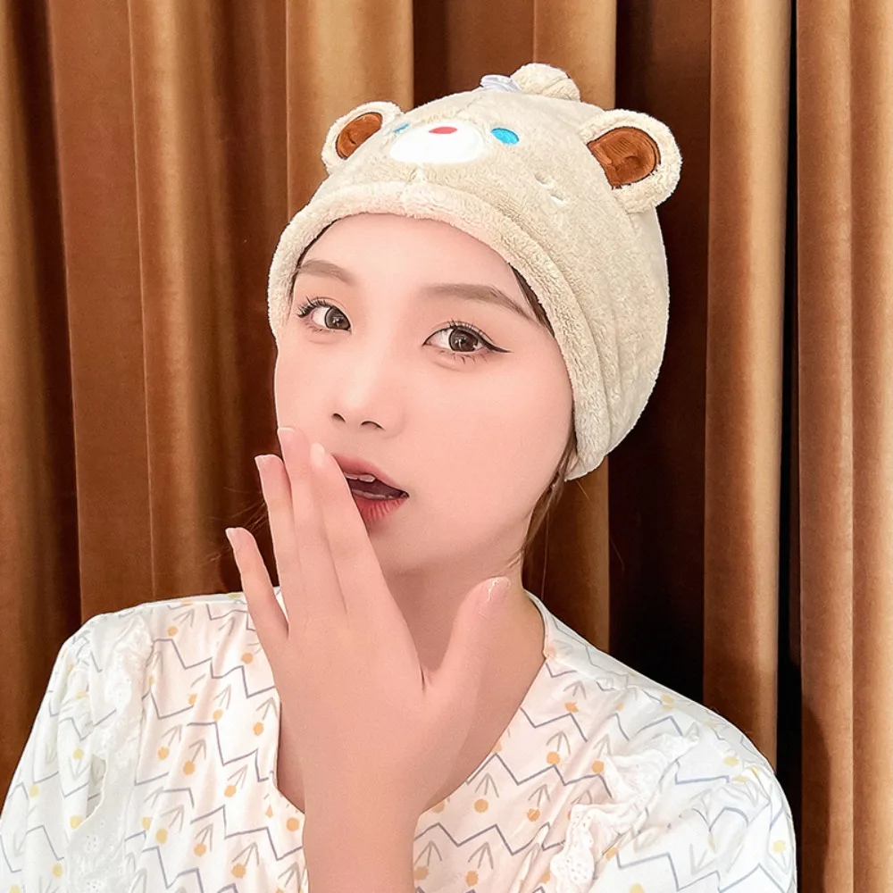 Шапочка для сухого волос с милым медвежонком впитывающая быстрая коралловая
