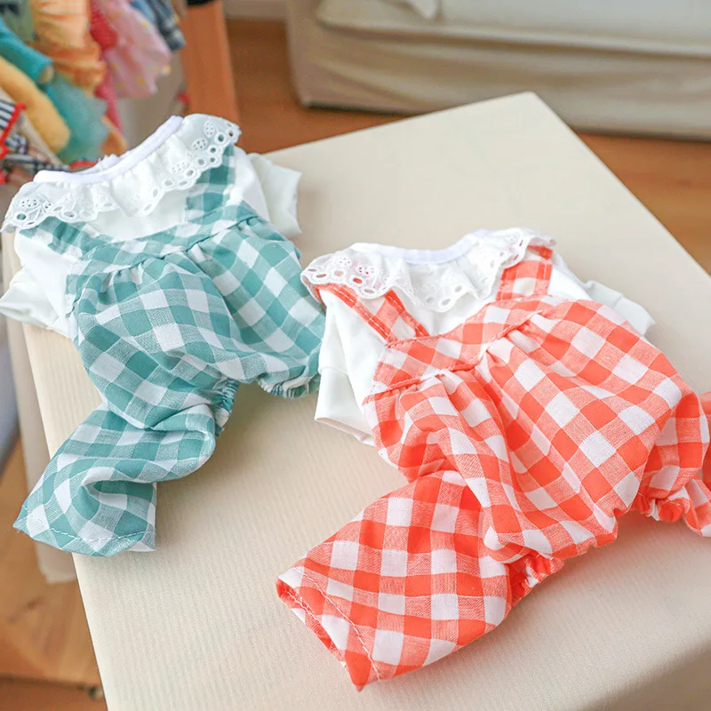 

New Spring Summer Overalls for Dogs Comfy Breathable Lace Decor Student Plaid Doll Four-legged Pants Dog Clothes XS S M L XL
