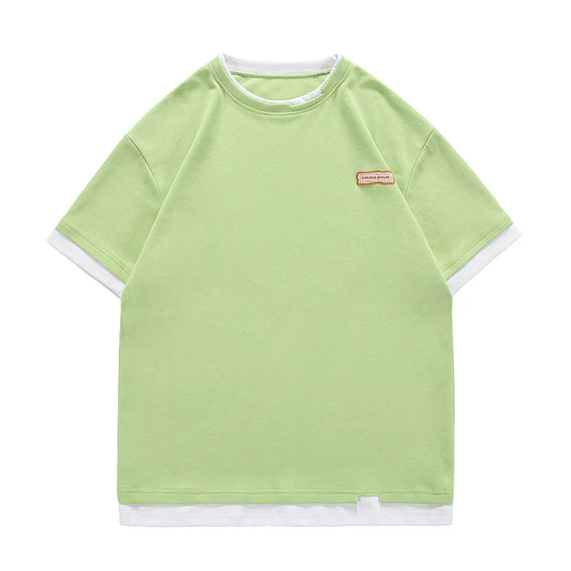 

Футболки с логотипом на груди, летний Повседневный Топ, свободные Модные поддельные топы из двух частей с коротким рукавом и круглым вырезо...