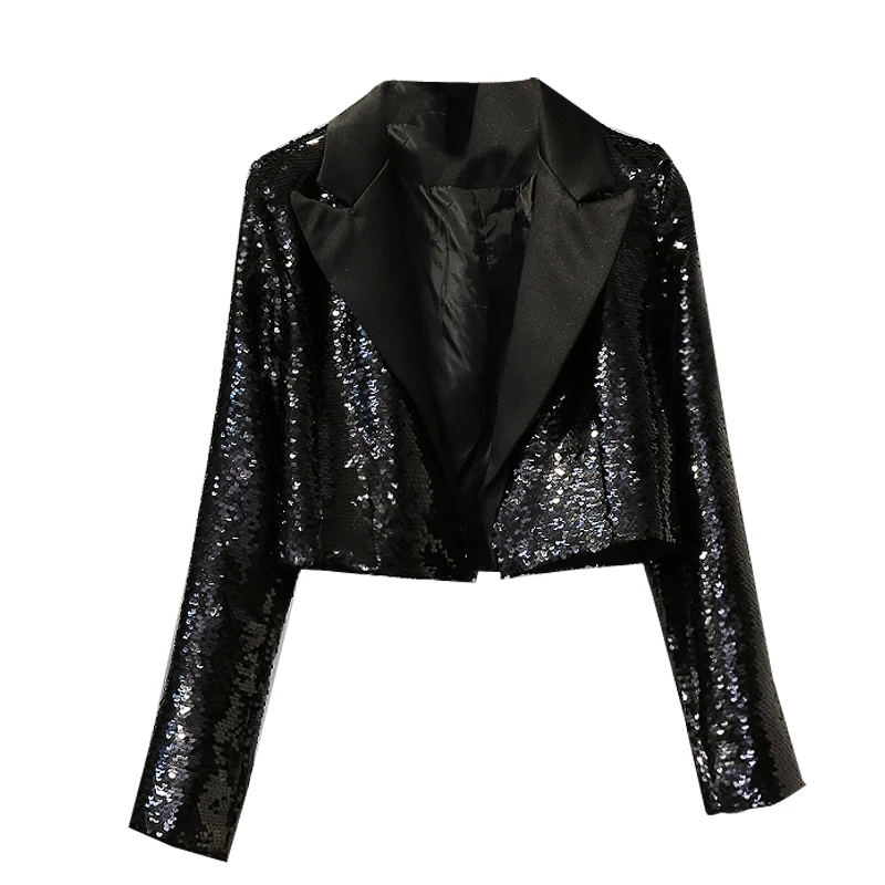 2022 Spring New Fashion Female All-Matching Glitter Cropped Suit Jacket Women's Long Sleeve Sequins Short Women Blazer Coat |