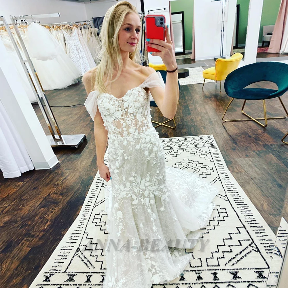 

Anna Attractive Sweetheart Wedding Dresses for Mariages Off The Shoulder Mermaid Lace Appliques Brush Train Vestidos De Novia