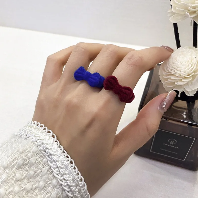 

Flocking Heart Finger Ring Sweet Cute Bear Open Adjustable Rings Index Ring Earring Necklace Handmade Plush Bowknot Jewelry Gift