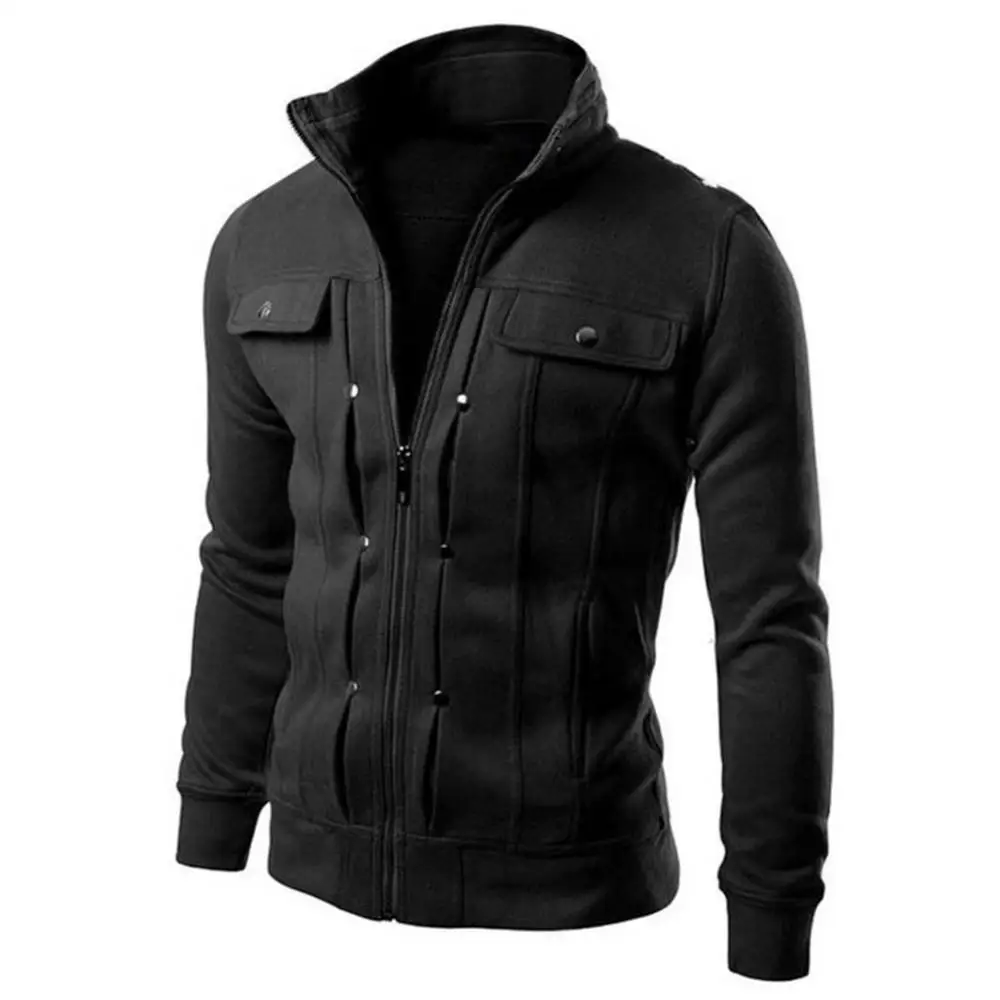 

Plus Size Men Solid Color Stand Collar Long Sleeve Zip Pocket Slim Jacket Coat