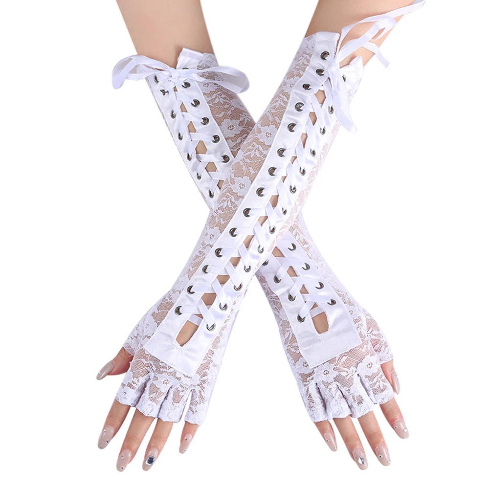Women Long Gloves Sexy Elbow Ribbon Lace-up Gothic Style Summer Crisscross Tied Bride Party Dance Fingerless Black Gloves