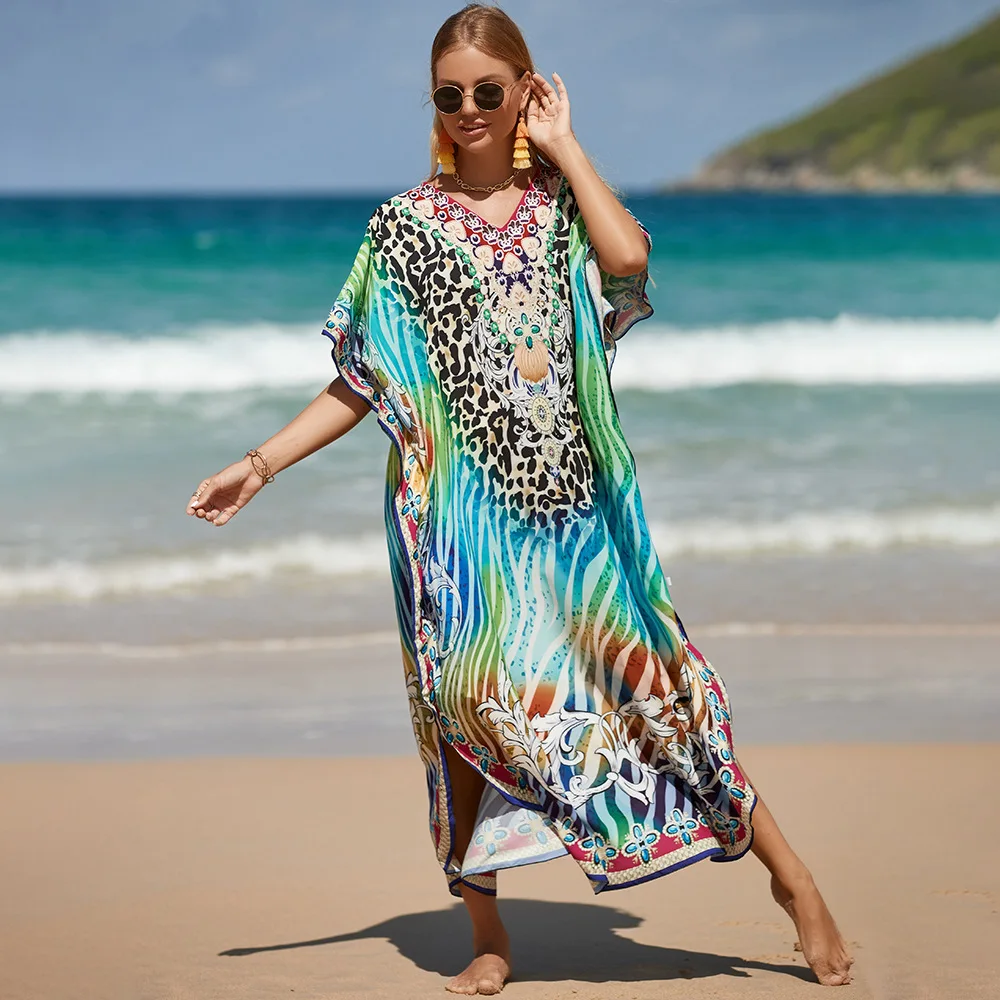 

2023 Bohemian Beach Dresses Maxi Tunic Floral Printed Kaftans for Women Summer Seaside Holiday Beachwear Bathing Suits
