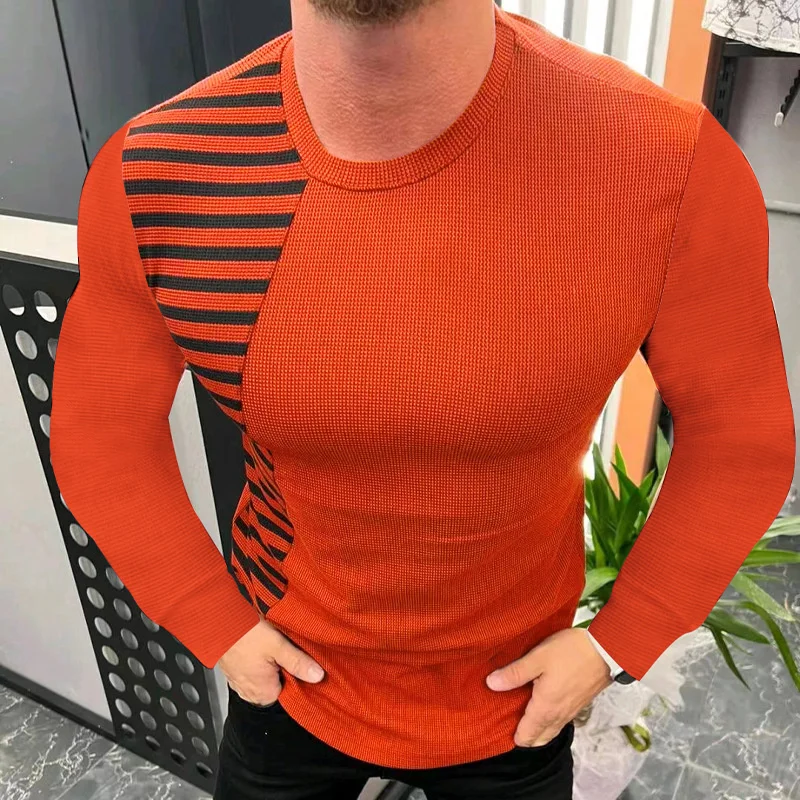 

2023 Spring Autumn Men Top Stripe Splice Fitted Round Neck Knit Shirt Men's Daily Sports Outdoor Waffle Long Sleeve T-Shirt