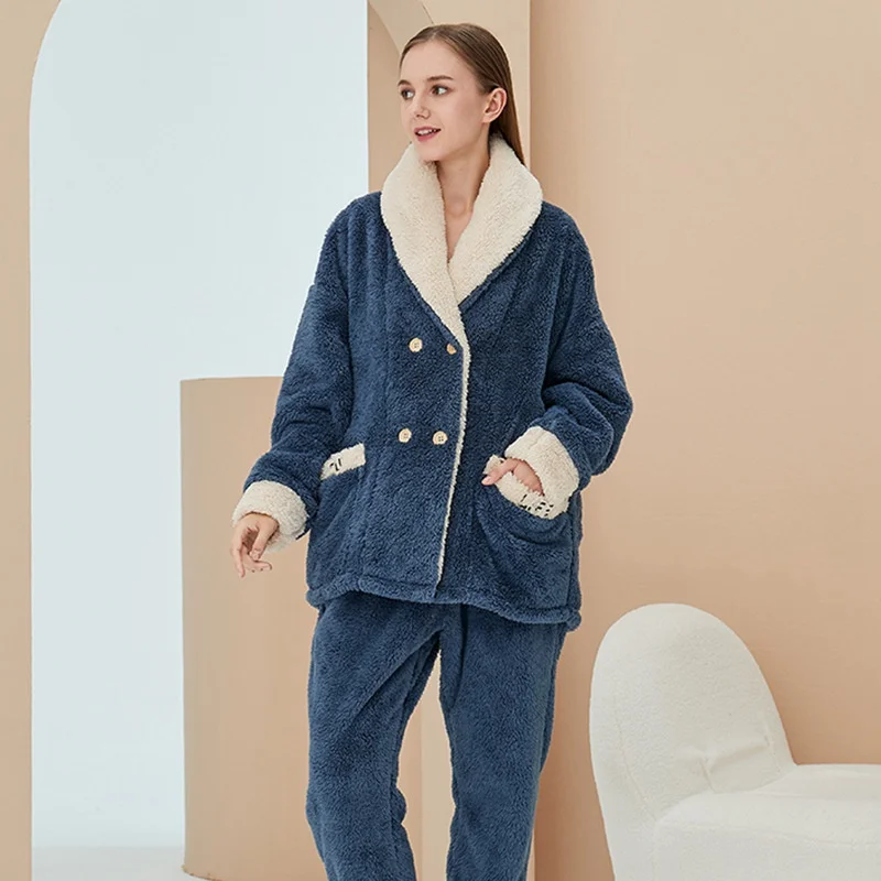 Pink Thickened Flannel Sleepwear Winter Warm Pajamas Women Lapel Coral Velvet Pyjamas Long Sleeve Home Wear Pants Loungewear