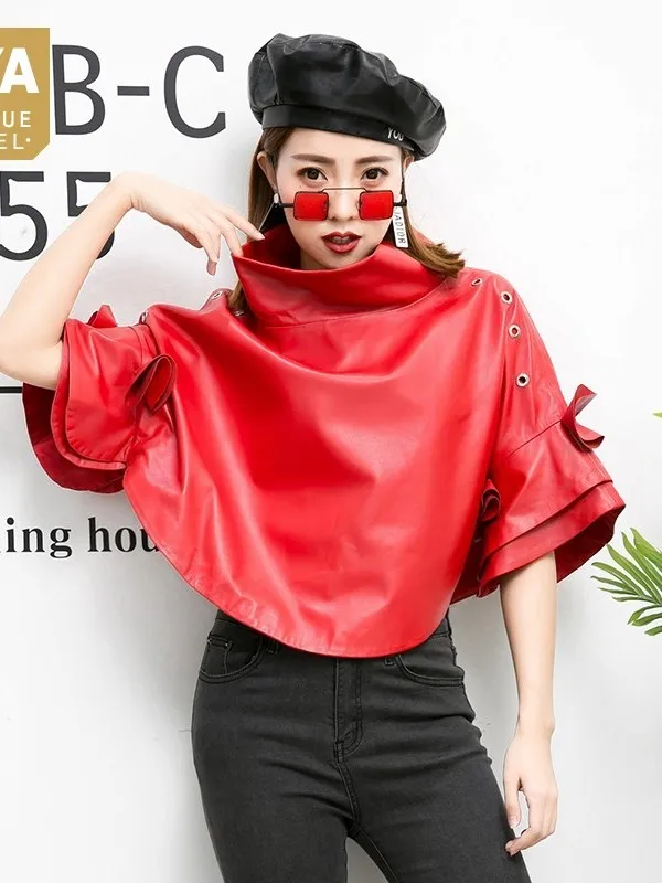 

Womens Spring 2023 Short New Jacket Korean Batwing Sleeve Genuine Leather Coats Loose Fit Streetwear Cape Coat Size S-4XL