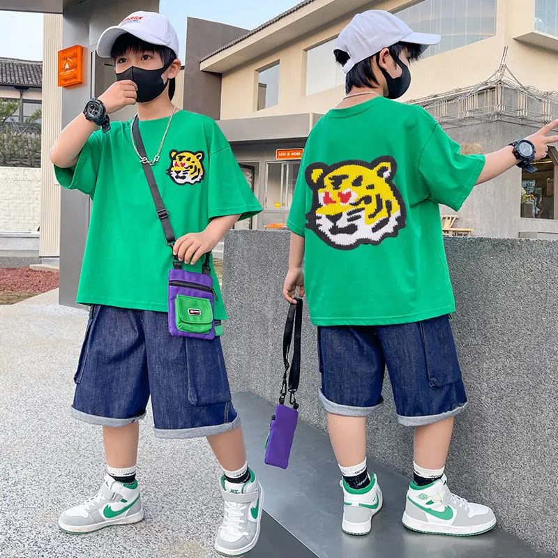 

Boy Clothing Set Two Piece Set Summer Cartoon Loose T-Shirt + Pocket Denim Shorts Sets Green White Gray outfits Size 8 10 12 14
