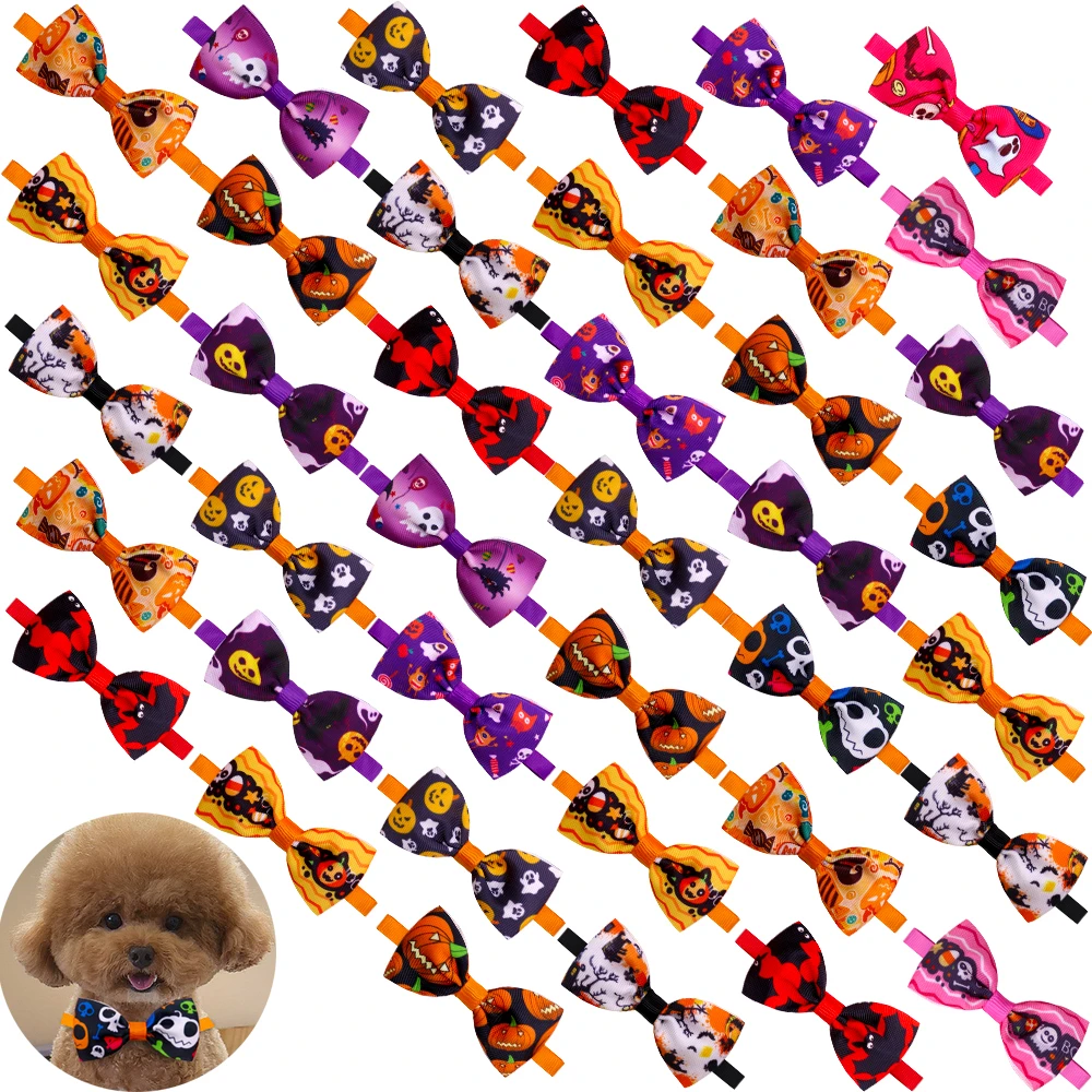 

60PCS Halloween Pet Bow Tie Small Dog Cat Festival Bowtie Skull Pumpkin Dog Bows for Small Dogs Accessories Puppy Pet Supplies