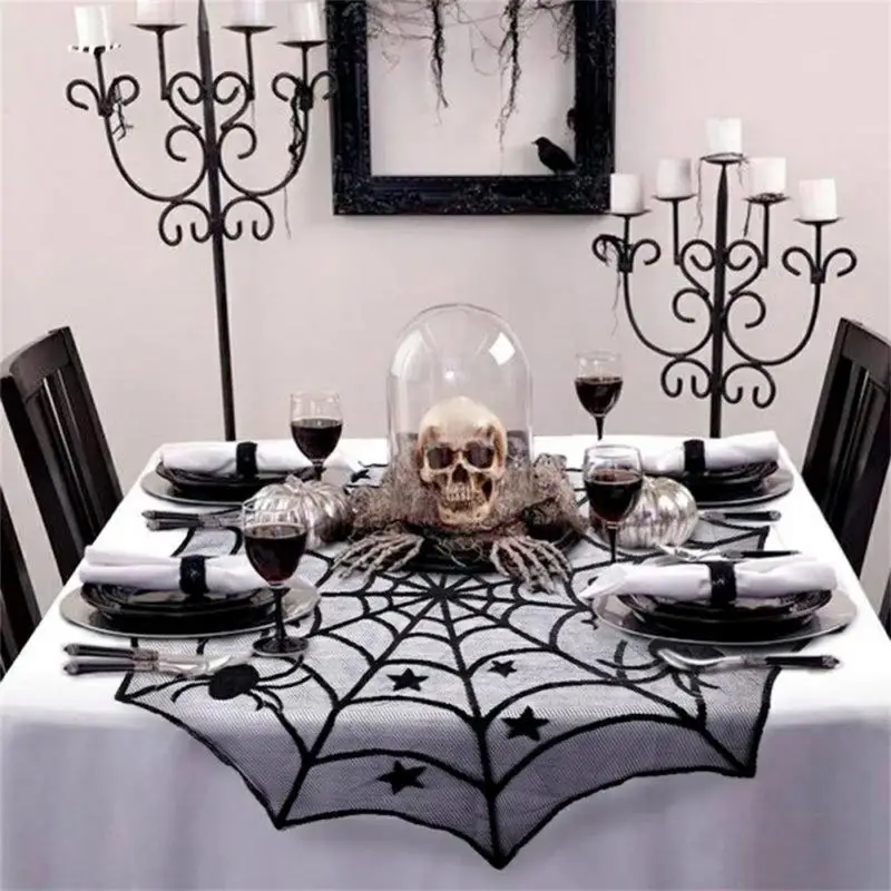 

Halloween Decoration Round Table Cloth Lace Backdrop Spider Web Gauze Curtain Easter Fireplace Stove Cloth Decor Festival Supply