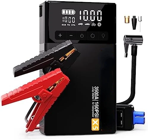 

Jump Starter with Air Compressor, 3500A Portable Car Battery Booster (Up to 9L Gas/8L Diesel Engines) with 160PSI Digital Tire I