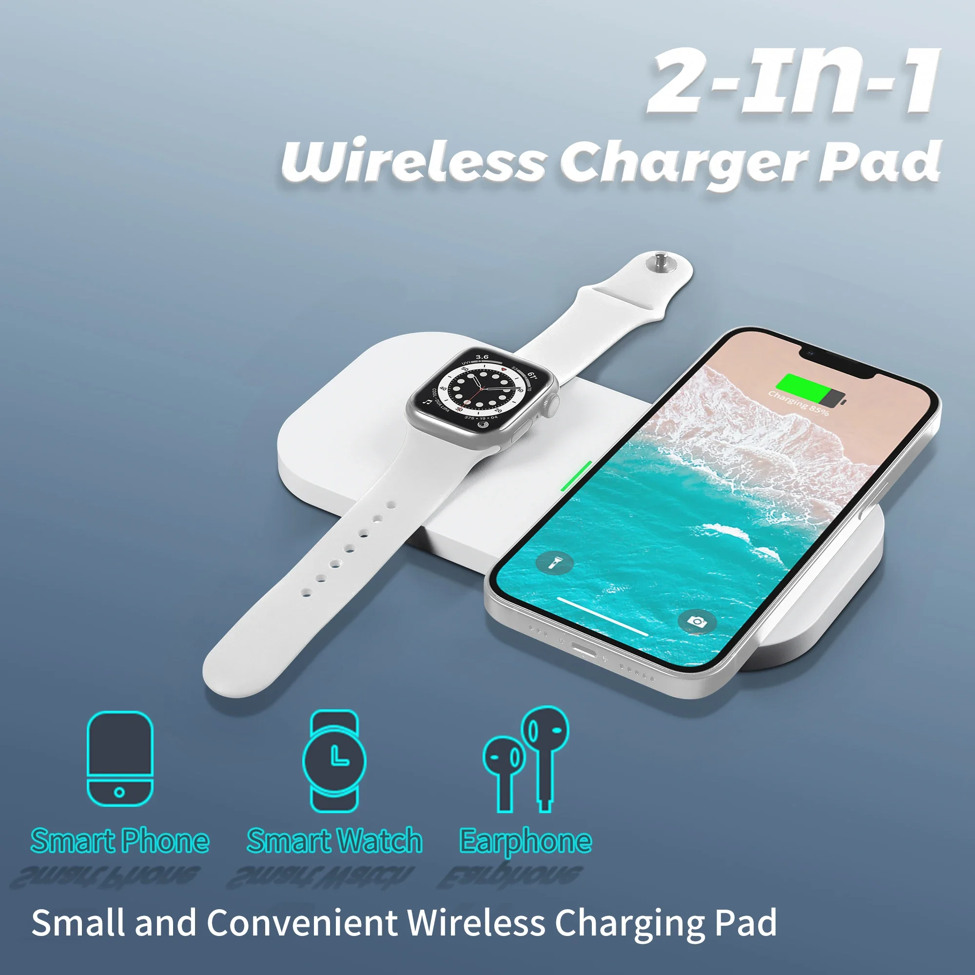 Фото Беспроводная зарядная панель 2-в-1, тонкая и портативная, для iPhone, AirPods и Apple Watch №1