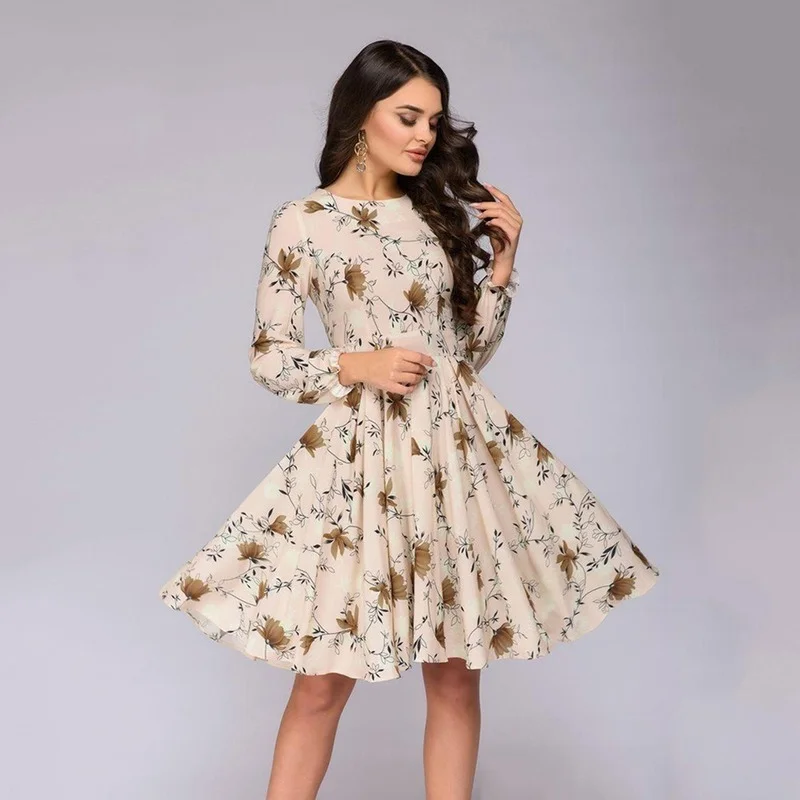 

2021 Women Fall Printing Long Sleeve A-line Club Party Dress Elegant Female Fashion Vintage Ruffles O-Neck Mini Dresses Vestidos